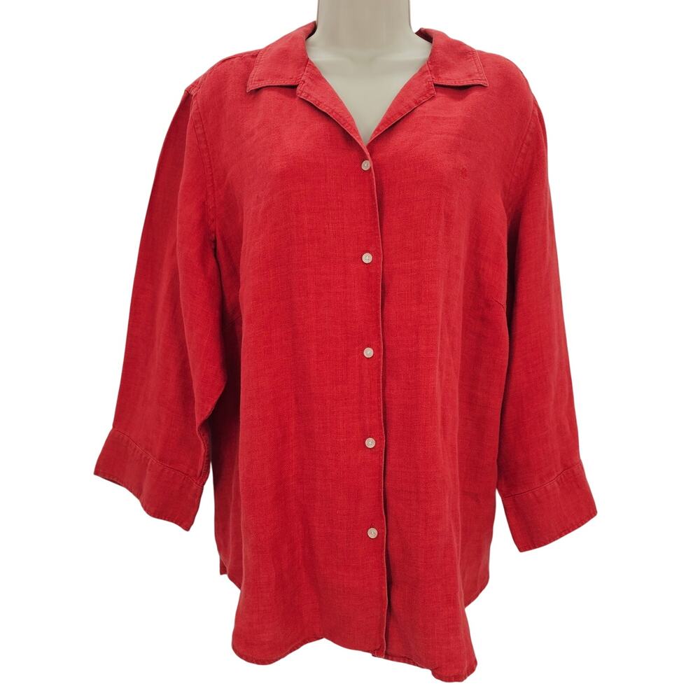 Ralph Lauren LRL Womans size 1X 3/4 Sleeve Collar Linen Logo Button Up Cayenne